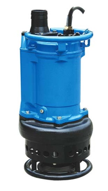Heavy-duty submersible slurry pump: blue motor housing, black volute, perforated strainer base, and top discharge, on a white background